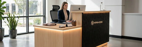 Receptionist working on a laptop at a compact VersaDesk reception desk with a light wood counter and dark slatted front panel in a small bright lobby with potted plants and large windows