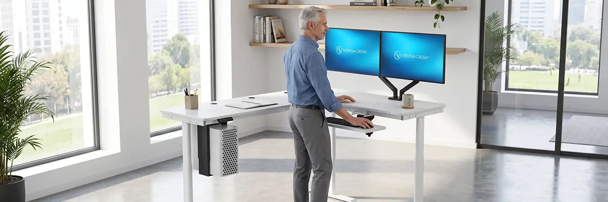 Older man standing at a VersaDesk height-adjustable desk with dual monitors, demonstrating joint-friendly posture for arthritis relief