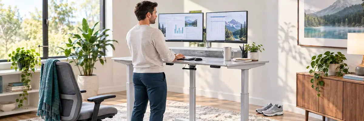 A man works at an adjustable standing desk, illustrating the article’s comparison of calorie burn while sitting and standing.