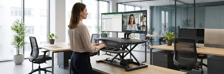 Woman using a VersaDesk standing desk converter with dual monitors during a video call, demonstrating posture-friendly back pain relief