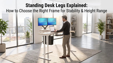 Man standing at a dual-monitor standing desk with white telescoping legs, keyboard tray, and cable management in a modern office