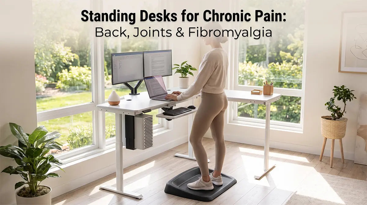 Woman using a height-adjustable standing desk with dual monitors and anti-fatigue mat to help manage chronic back pain, joint pain, and fibromyalgia while working from home.