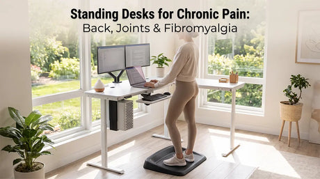 Woman using a height-adjustable standing desk with dual monitors and anti-fatigue mat to help manage chronic back pain, joint pain, and fibromyalgia while working from home.