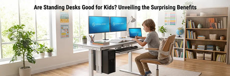Child doing homework at a height-adjustable VersaDesk standing desk with dual monitors in a home study room