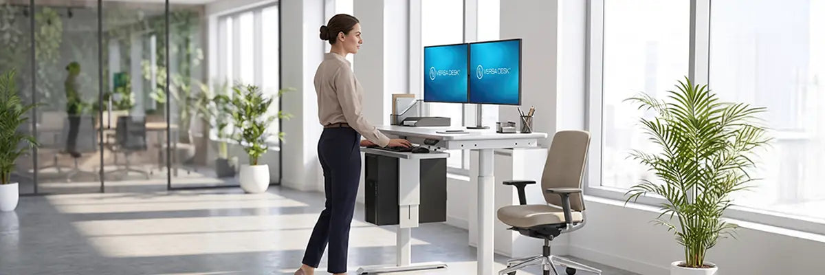 Woman standing upright at a VersaDesk height-adjustable desk with dual monitors, demonstrating improved posture at eye level