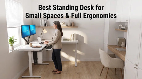 Professional using a standing desk with dual monitors in a compact home office designed for small spaces.