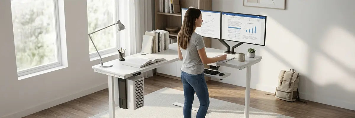 Woman standing at a height-adjustable desk with dual monitors, notebook, and books open for a study session