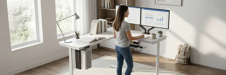 Woman standing at a height-adjustable desk with dual monitors, notebook, and books open for a study session