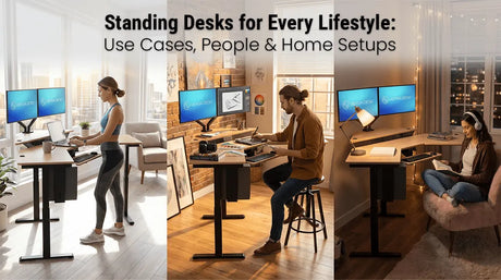 Three people using standing desks in different lifestyle setups - a woman standing with dual monitors, a man drafting on a tablet desk, and a woman reading in a corner desk setup