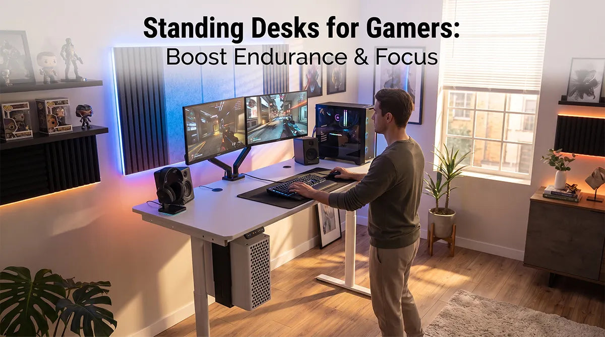 Person gaming at a standing desk with dual monitors in a modern RGB gaming setup.