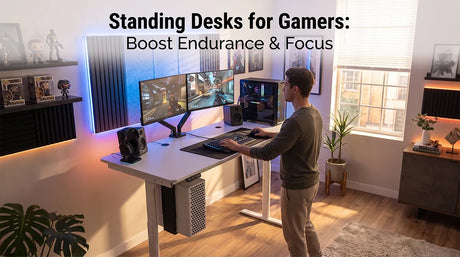 Person gaming at a standing desk with dual monitors in a modern RGB gaming setup.