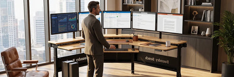 Businessman in a suit standing at an L-shaped executive standing desk with five monitors, leather lounge chair, built-in shelving, and floor-to-ceiling windows overlooking a city skyline