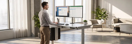 Man mid-movement at a standing desk with dual monitors, illustrating alternating between standing and sitting throughout the day