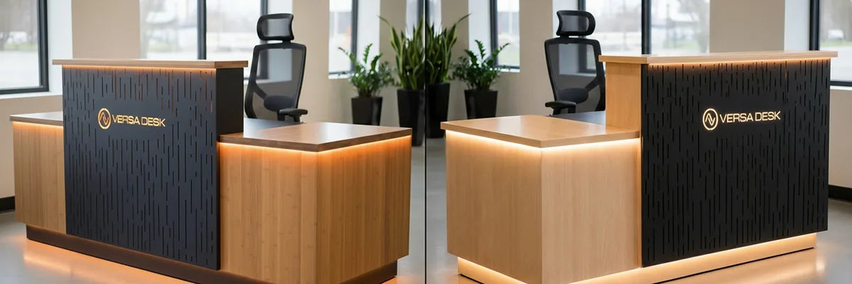 Side-by-side comparison of an L-shaped and a straight VersaDesk reception desk with wood counters, dark slatted front panels, warm LED underlighting, and ergonomic mesh chairs in a bright lobby
