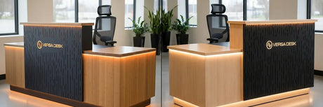 Side-by-side comparison of an L-shaped and a straight VersaDesk reception desk with wood counters, dark slatted front panels, warm LED underlighting, and ergonomic mesh chairs in a bright lobby