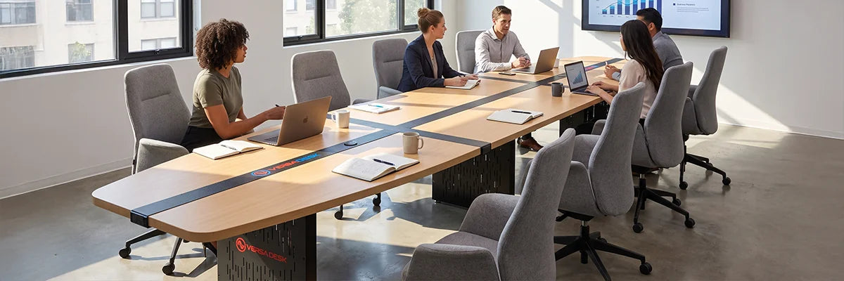 Diverse team collaborating around long modern wood conference table with grey upholstered chairs and laptops in bright contemporary office