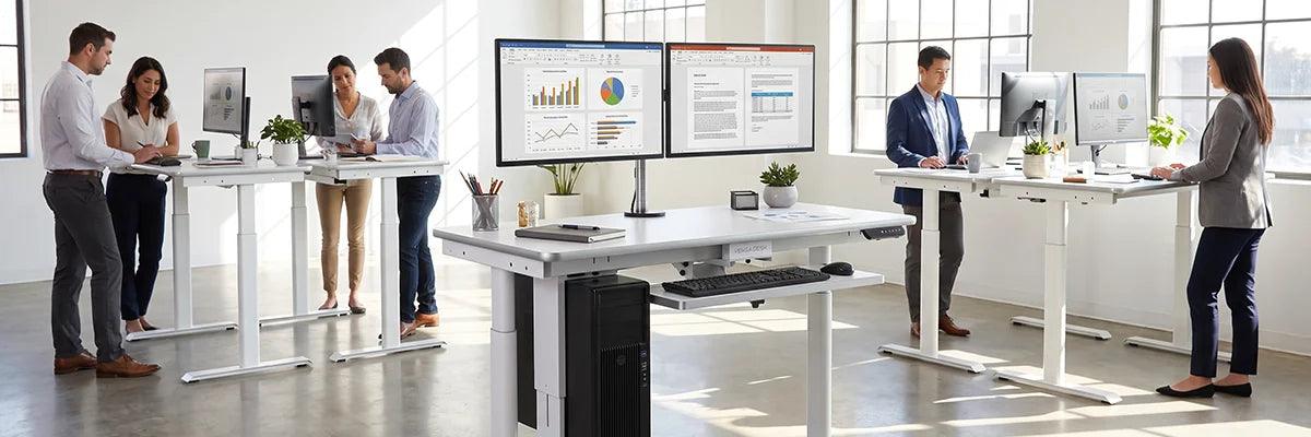Multiple office workers collaborating and working at electric standing desks in a bright open-plan office, showing how standing desks benefit teams and improve workplace health.