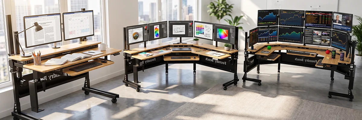 Three VersaDesk Foundry Bench standing desk setups showing different monitor configurations for trading, design and productivity in modern office