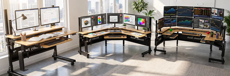 Three VersaDesk Foundry Bench standing desk setups showing different monitor configurations for trading, design and productivity in modern office
