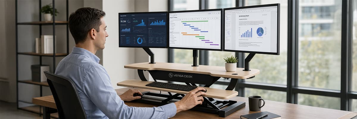 Triple monitor linear array mounted on a VersaDesk standing desk converter with dashboards displayed