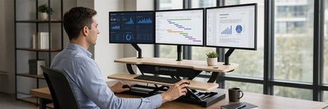 Triple monitor linear array mounted on a VersaDesk standing desk converter with dashboards displayed