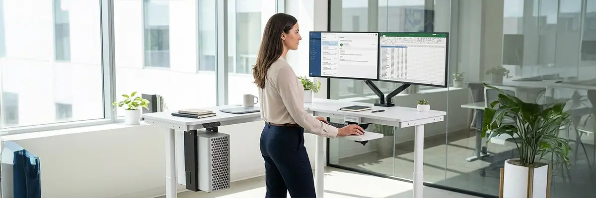 Man standing at a dual-monitor height-adjustable desk in a bright office, representing common standing desk health claims