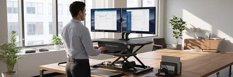 Man standing at a VersaDesk standing desk converter with dual monitors on an articulating arm positioned at eye level to reduce neck strain