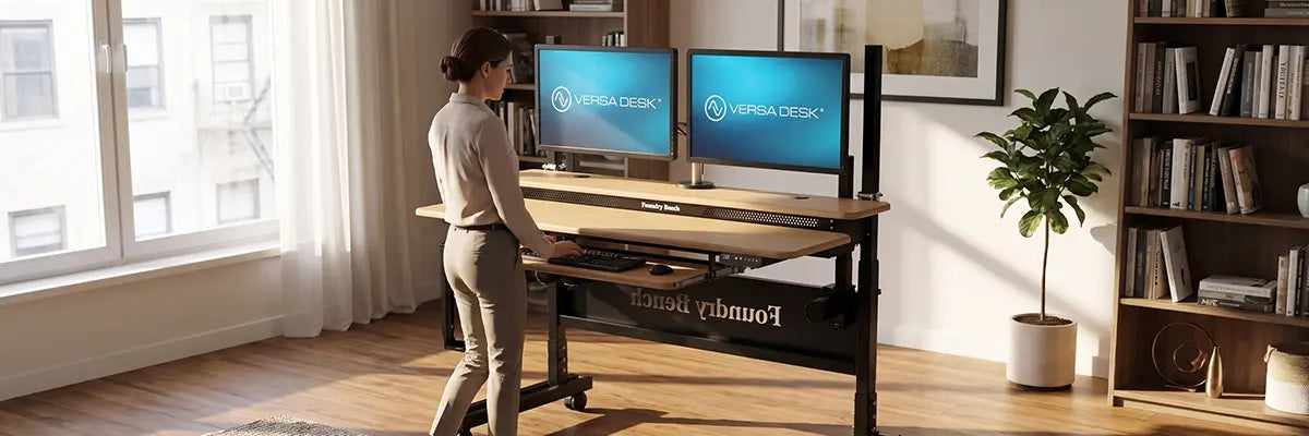 Woman standing at a VersaDesk Foundry Bench standing desk with dual monitors, illustrating built-in drawer storage that travels with desk height