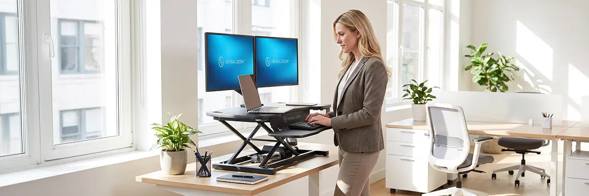 Woman using a VersaDesk standing desk converter with dual monitors and laptop in a bright office