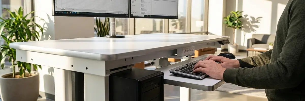 Close-up of hands typing on a pull-out keyboard tray attached to a VersaDesk standing desk with dual monitors above