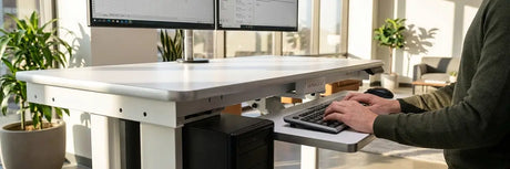 Close-up of hands typing on a pull-out keyboard tray attached to a VersaDesk standing desk with dual monitors above