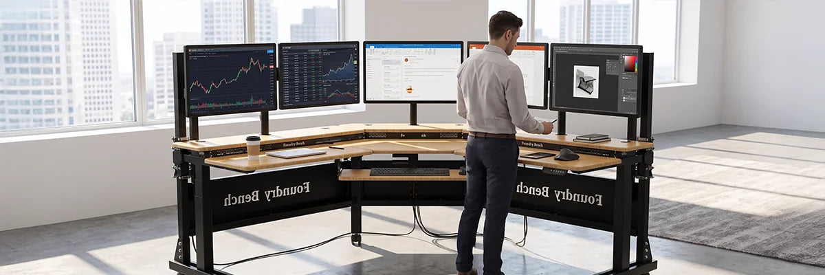 VersaDesk Foundry Bench corner workstation with multiple monitors showcasing heavy-duty durable steel frame construction