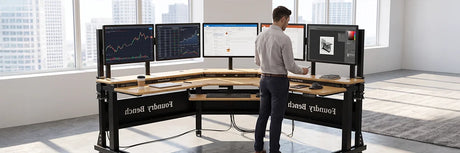 VersaDesk Foundry Bench corner workstation with multiple monitors showcasing heavy-duty durable steel frame construction