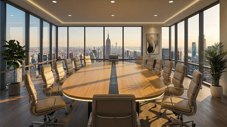 VersaDesk Modulus oval conference table with built-in power strip and wood veneer surface in a high-rise conference room overlooking the city skyline