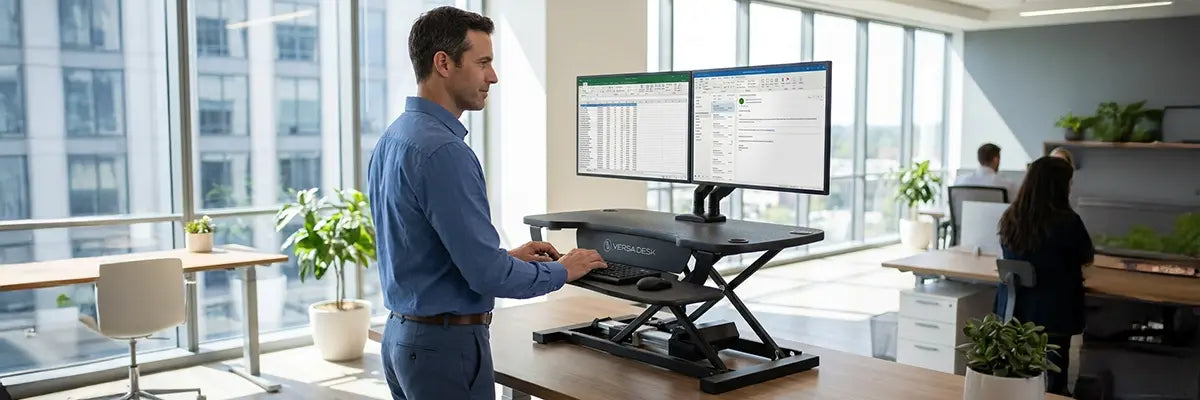 Man standing at a VersaDesk standing desk converter with dual monitors showing spreadsheet and email in an office
