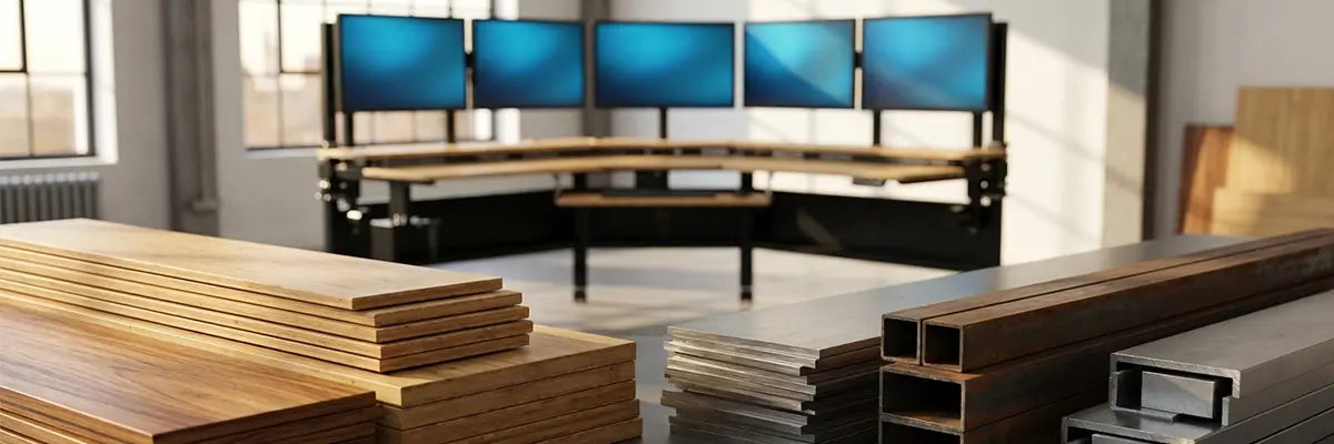 Raw wood and steel materials stacked in front of a multi-monitor desk setup, representing VersaDesk's sustainable manufacturing sourcing