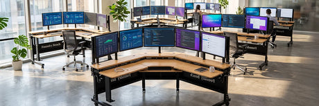 Multiple VersaDesk Foundry Bench workstations with multi-monitor trading setups in spacious corporate office environment