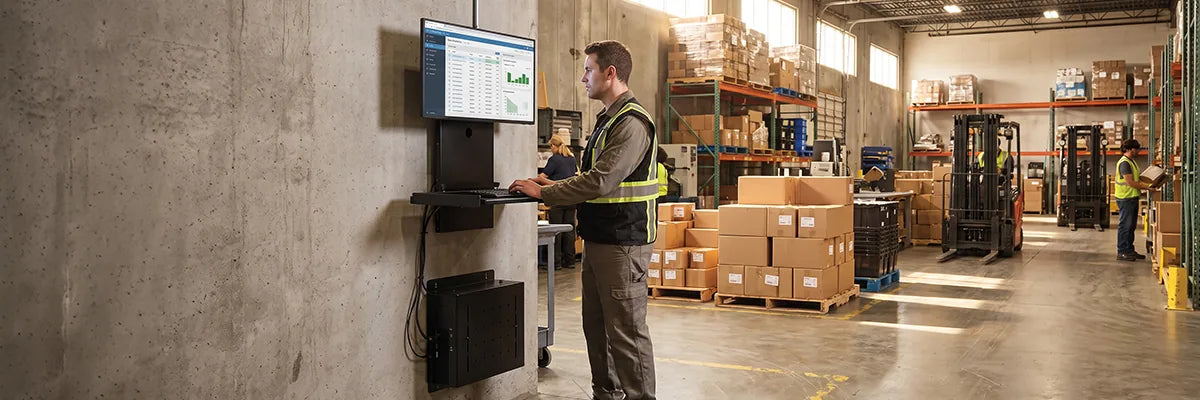 Warehouse worker in a safety vest using a wall-mounted computer station attached to a concrete pillar, with pallet racks, cardboard boxes, and forklifts in the background