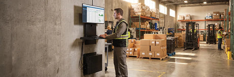 Warehouse worker in a safety vest using a wall-mounted computer station attached to a concrete pillar, with pallet racks, cardboard boxes, and forklifts in the background