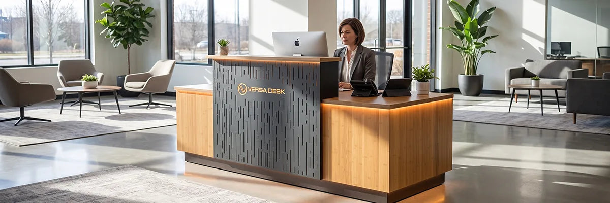 Receptionist working at a VersaDesk reception desk with wood side panels and slatted dark front in a spacious bright lobby with lounge chairs, coffee tables, potted plants, and floor-to-ceiling windows