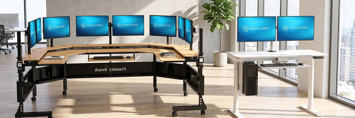Multiple VersaDesk standing desk configurations including L-shaped and straight desks with multi-monitor office setups