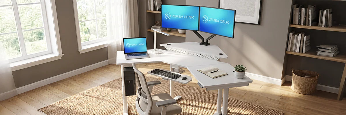 White VersaDesk L-shaped standing desk with dual monitors and laptop in bright home office with bookshelf, woven basket and natural window light