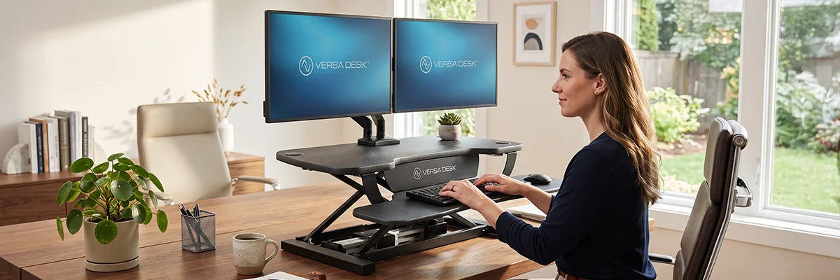 Woman working at a wooden home office desk with a black VersaDesk electric standing desk converter and dual monitors, showcasing a productive remote workspace setup with natural light.