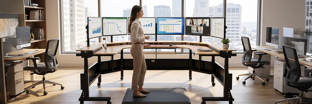 Professional woman standing on anti-fatigue mat at VersaDesk U-shaped Foundry Bench desk with six monitors in bright executive office with city view