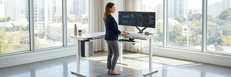 Woman in business attire using an electric standing desk with an anti-fatigue mat, demonstrating proper ergonomic posture and monitor positioning in a modern office.