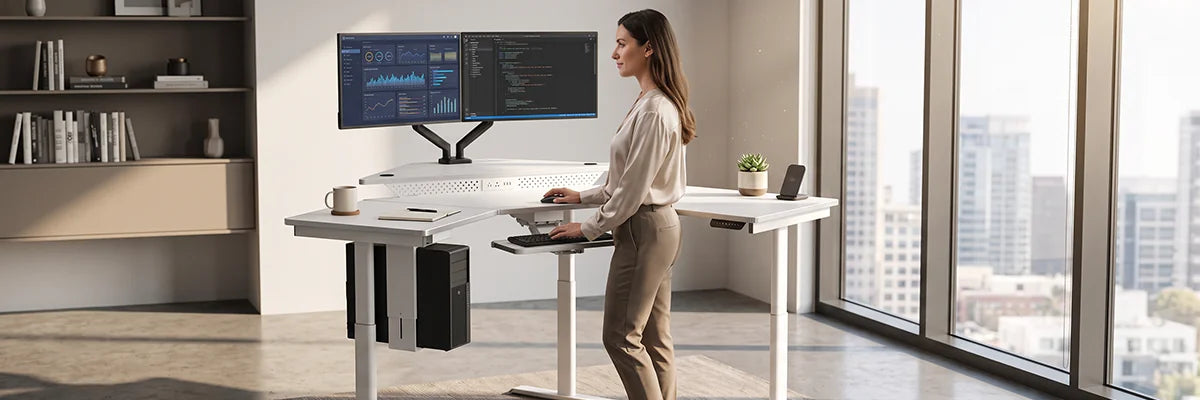 Woman working comfortably at a white motorized standing desk with dual monitors displaying analytics, illustrating how ergonomic desks help avoid neck and back pain at work.