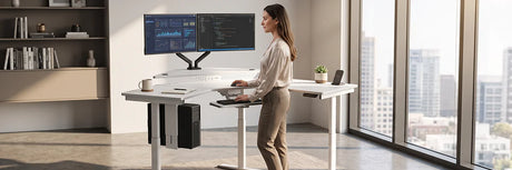 Woman working comfortably at a white motorized standing desk with dual monitors displaying analytics, illustrating how ergonomic desks help avoid neck and back pain at work.