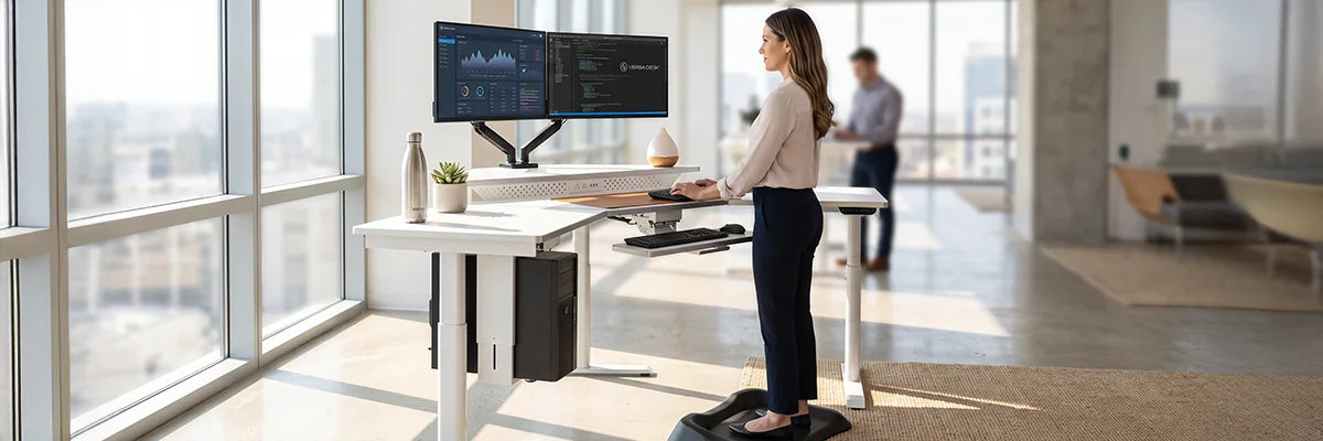 Woman standing at a white ergonomic desk with dual monitors on an anti-fatigue mat in a bright modern office with city views, demonstrating a healthy workspace setup for improved wellbeing.