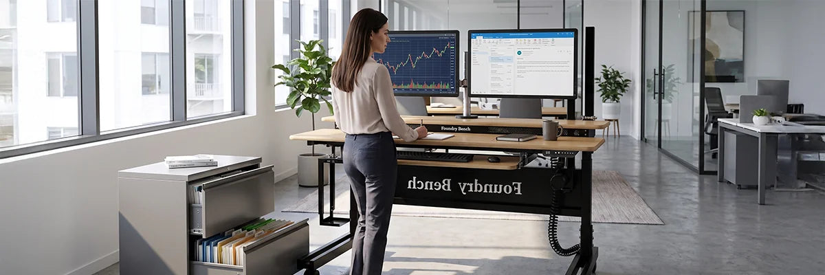 Woman working at an adjustable standing desk beside an open office file cabinet with organized document folders, illustrating corporate storage solutions and workspace organization in a professional office.