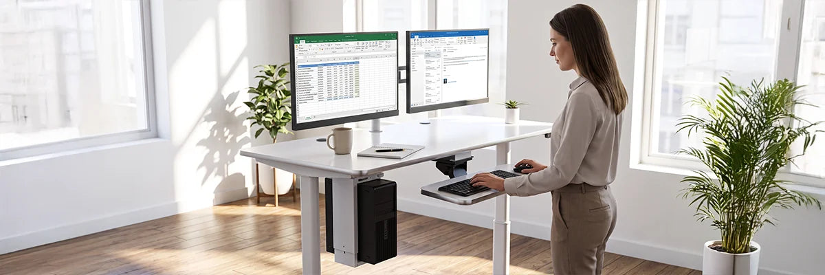 Woman working at a white ergonomic standing desk with dual monitors, under-desk CPU holder, and keyboard tray, showcasing integrated under-desk drawer and storage accessories in a bright modern office.